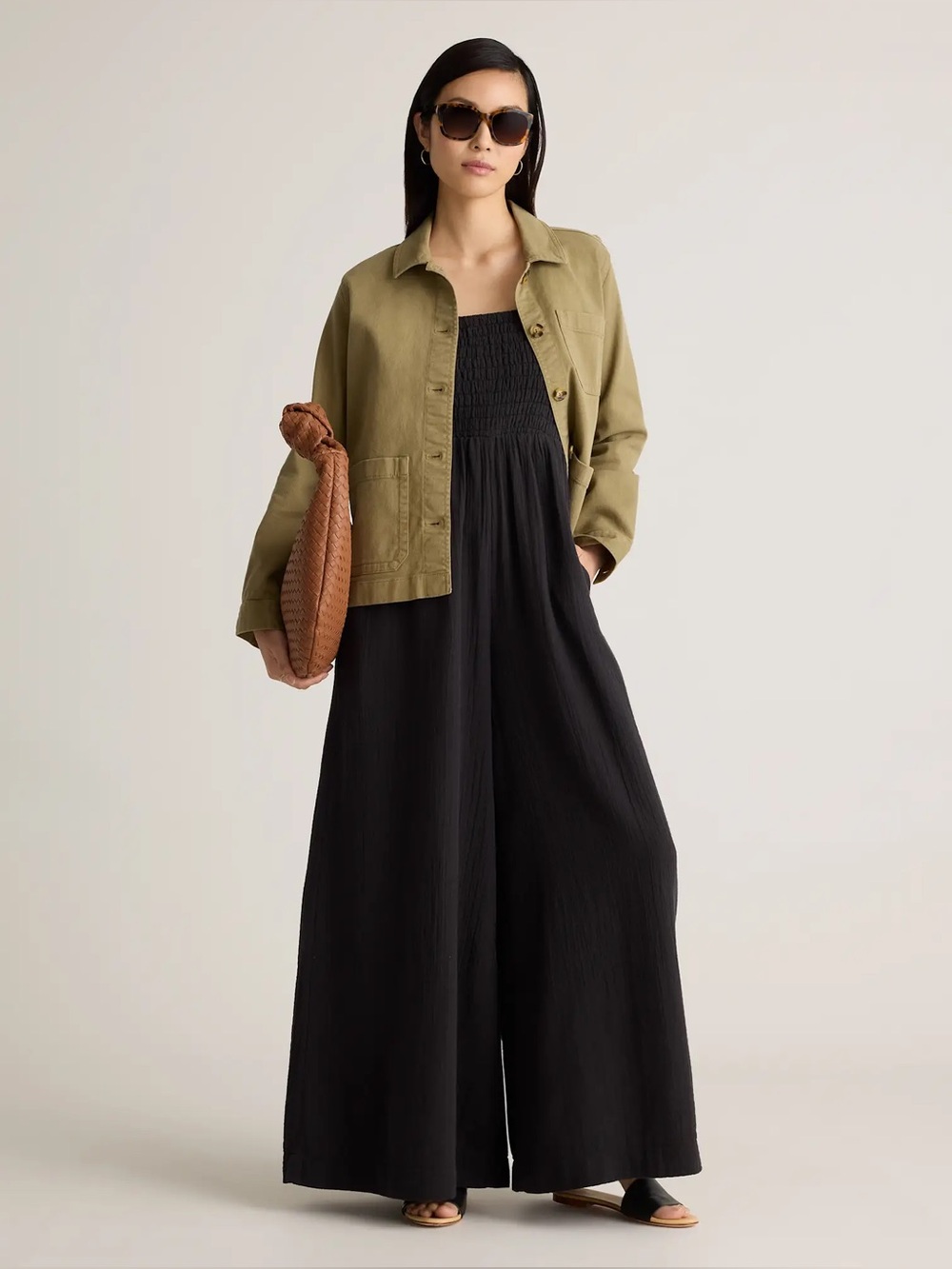 Quince NWT Black 100% Organic Cotton Gauze Smocked Wide Leg Jumpsuit - Picture 7 of 7